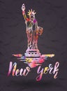 New york label with hand drawn the Statue of Liberty , lettering New york with watercolor fill