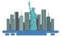 New York landmark icon. Cartoon statue and skyscrapers