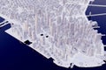 New York lower Manhattan downtown aerial view of a conceptual low poly city. White ice 3D buildings and glowing traffic lights