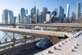 New York, Lower Manhattan skyline from the Brooklyn Bridge Royalty Free Stock Photo