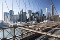 New York, Lower Manhattan skyline from the Brooklyn Bridge Royalty Free Stock Photo