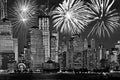 New York Manhattan Skyline At Night, With Fireworks, American US Celebration And Party, Black And White