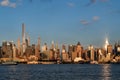 New York Manhattan skyline at sunset, business skyscrapers and golden hour