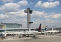 Air Traffic Control Tower and Delta Airlines plane on tarmac at Terminal 4 at JFK International Airport Royalty Free Stock Photo