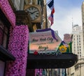 Entrance sign at the Macy`s Herald Square during famous Macy`s Annual Flower Show in midtown Manhattan