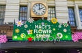 Entrance sign at the Macy`s Herald Square during famous Macy`s Annual Flower Show in midtown Manhattan