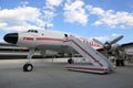 TWA Hotel`s 1958 Lockheed Constellation airplane in front of the landmark TWA Flight Center building designed by Eero Saarinen Royalty Free Stock Photo