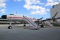 TWA Hotel`s 1958 Lockheed Constellation airplane in front of the landmark TWA Flight Center building designed by Eero Saarinen