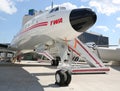 TWA Hotel`s 1958 Lockheed Constellation airplane in front of the landmark TWA Flight Center building designed by Eero Saarinen