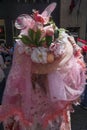 New York, New York: A woman wearing an elaborate Easter bonnet