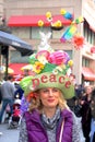 Woman wearing a Peace-themed bonnet at the Fifth Avenue Easter Parade.