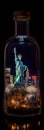 New York night landscape with the Freedom State in a bottle. Souvenir bottle. Decoration.