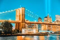 New York night view of the Lower Manhattan and the Brooklyn Bridge across the East River Royalty Free Stock Photo