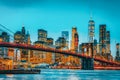 New York night view of the Lower Manhattan and the Brooklyn Bridge across the East River Royalty Free Stock Photo