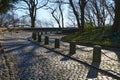 A curved cobble stone driveway at the Cloisters museum in Fort Tryon Park in Washington Heights, Manhattan, NYC