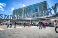 New York, NY - Exterior view of the Staten Island Ferry terminal in Battery Park Manhattan. Fisheye lens view Royalty Free Stock Photo