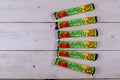 Mamba chewy candy individually wrapped made by August Storck KG on old wooden background