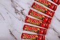 Twix candy bars with caramel and milk chocolate made by Mars, Inc