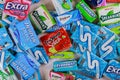 Various brand of chewing gum in packaging on brands Orbit, Extra, Eclipse, Freedent, Wrigley, Spearmint, Trident, Stride