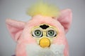 Close-up of original vintage 1990s pink baby Furby talking children`s toy