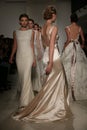 NEW YORK, NY - OCTOBER 10: Models walk the runway finale during the Anne Barge Fall 2015 Bridal Collection Royalty Free Stock Photo