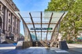 A Modern glass entrance to the New York City Subway at Bowling Green in Lower Manhattan, NYC