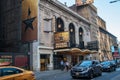 View of the marquee and sign for the famous Richard Rodgers Theater showing Hamilton in the Theater District of Manhattan New York