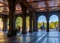 View of Bethesda Terrace, a bi-level, lakeside terrace with a large fountain & carvings Royalty Free Stock Photo