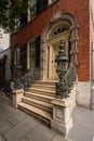 view of the 1832 late-Federal brick Merchant`s House Museum, a preserved 19th-century home o