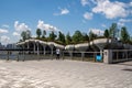 Wide horizontal view of Little Island at Pier 55. An artificial island park in the Hudson