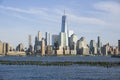 New York, NY / USA - 5/8/18: Skyline view of lower Manhattan, with remains of an old pier in the foreground