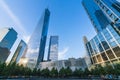 New york ,ny,usa,8-31-17: world trade center at sunset with reflection in memorial fountain ,new york,usa