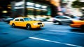 New York NYC yellow cab taxi traditional New York City fast movement with motion blur panning, in the busy streets of Manhattan Royalty Free Stock Photo