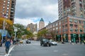 NEW YORK CITY, MANHATTAN, OCT,25, 2013: View on NYC street and road with cars, people with buildings and shops in the background.