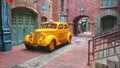 New York. 2018. Old retro yellow cab taxi near service center chrysler and Plymouth. On the street of antique new york.