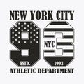 New York print with number in USA flag style. Design clothes, stamp for t-shirt, athletic apparel graphic. Vector. Royalty Free Stock Photo