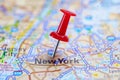 New York road map with red pushpin, city in the United States of America
