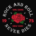 New York rock and roll girl gang - grunge typography for t-shirt, women clothes. Fashion print for apparel with rose and slogan.