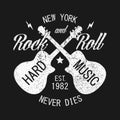 New York rock-n-roll print for apparel with guitar. Design for vintage clothes. Vector illustration.