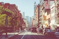 NEW YORK - SEPTEMBER 2, 2018: New York City street road in Manhattan at summer time, many cars, yellow taxis and busy people walk Royalty Free Stock Photo