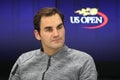 Nineteen times Grand Slam champion Roger Federer during press conference after loss at quarterfinal match at US Open 2017 Royalty Free Stock Photo