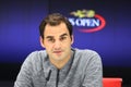 Nineteen times Grand Slam champion Roger Federer during press conference after loss at quarterfinal match at US Open 2017 Royalty Free Stock Photo