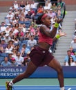 Coco Gauff of United States in action during round of 16 match against Caroline Wozniacki of Denmark at the 2023 US Open