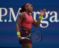 Coco Gauff of United States in action during round of 16 match against Caroline Wozniacki of Denmark at the 2023 US Open