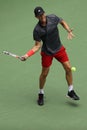 Professional tennis player Dominic Thiem of Austria in action during his 2018 US Open round of 16 match Royalty Free Stock Photo