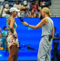 Madison Keys during on court interview after round of 16 match against Jessica Pegula at the 2023 US Open