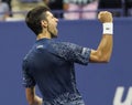 13-time Grand Slam champion Novak Djokovic of Serbia celebrates victory after his 2018 US Open semi-final match Royalty Free Stock Photo