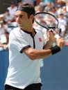 20-time Grand Slam champion Roger Federer of Switzerland in action during the 2019 US Open round of 16 match Royalty Free Stock Photo