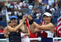 US Open 2017 women`s doubles champions Martina Hingis of Switzerland L and Chan Yung-Jan of Taiwan during trophy presentation