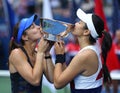 US Open 2017 women`s doubles champions Martina Hingis of Switzerland L and Chan Yung-Jan of Taiwan during trophy presentation